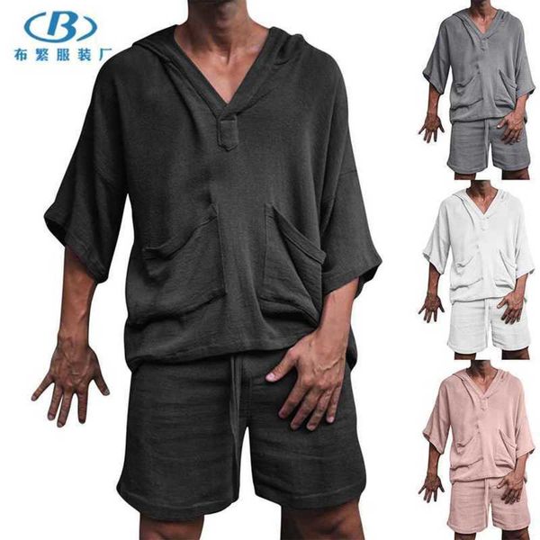 men's t-shirts 2022 summer men's cotton linen loose casual suit holiday clothing cotton linen t-shirt shorts suit, White;black 
men's t-shirts 2022 summer men's cotton linen loose casual suit holiday clothing cotton linen t-shirt shorts suit, White;black