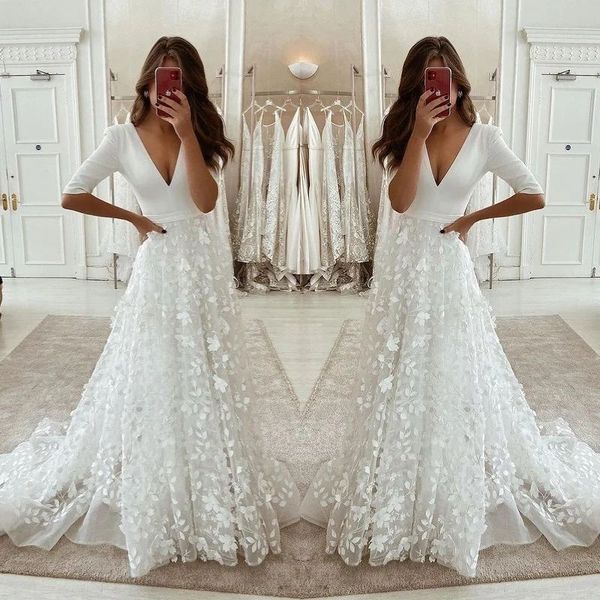 plus size 2023 a line bridal gowns v neck long sleeve lace wedding dresses appliqued sweep train vestidos de novia, White
plus size 2023 a line bridal gowns v neck long sleeve lace wedding dresses appliqued sweep train vestidos de novia, White