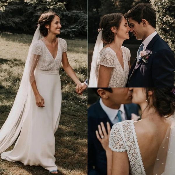 simple beach country style a line wedding dresses for bride v neck short sleeves satin lace bridal gowns boho bohemian sweep train second re, White
simple beach country style a line wedding dresses for bride v neck short sleeves satin lace bridal gowns boho bohemian sweep train second re, White