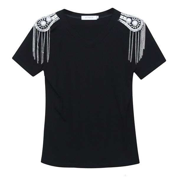women's t-shirt street style black v-neck t-shirt women summer short sleeve tassel epaulettes personality tees fashion slim 6605 23031, White
women's t-shirt street style black v-neck t-shirt women summer short sleeve tassel epaulettes personality tees fashion slim 6605 23031, White