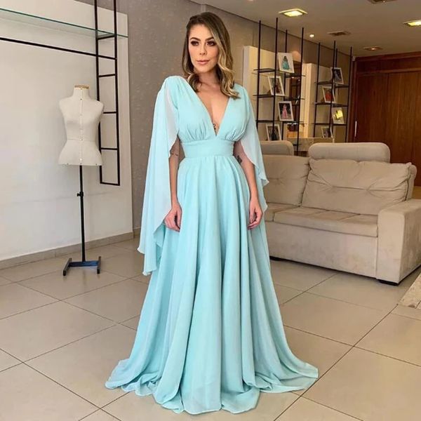 elegant light blue silk chiffon prom dresses long puff sleeves a line v neck draped empire simple evening gowns, Black
elegant light blue silk chiffon prom dresses long puff sleeves a line v neck draped empire simple evening gowns, Black