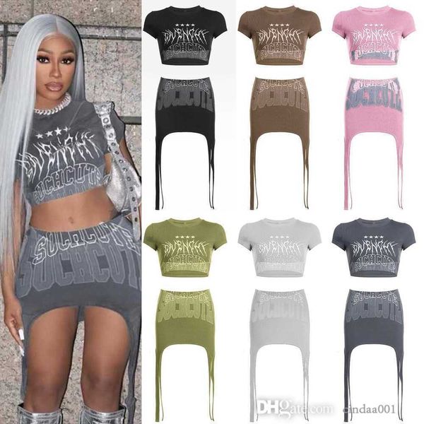 women two piece dress outfits summer desinger letter print round neck exposed navel short sleeve irregular half skirt set, White
women two piece dress outfits summer desinger letter print round neck exposed navel short sleeve irregular half skirt set, White