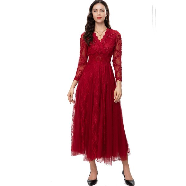 women's runway dresses v neck long sleeves embroidery lace high street fashion long designer dresses, Black
women's runway dresses v neck long sleeves embroidery lace high street fashion long designer dresses, Black