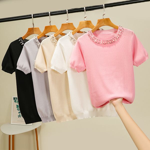 women's t-shirt beading 5 colors o neck knit t shirt women summer casual t shirt slim solid color tee female short sleeve t-shirt 2303, White
women's t-shirt beading 5 colors o neck knit t shirt women summer casual t shirt slim solid color tee female short sleeve t-shirt 2303, White