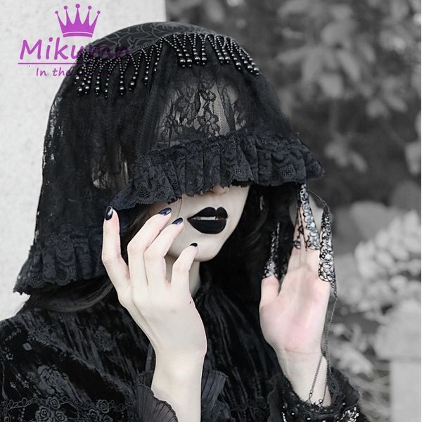 headwear hair accessories gothic black lace beaded veils hairband lolita cosplay costume 230313