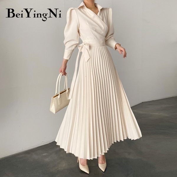 party dresses beiyingni elegant stylish women puff sleeve pleated long dress turndown collar spring autumn office ladeis dress black vestido, White;black