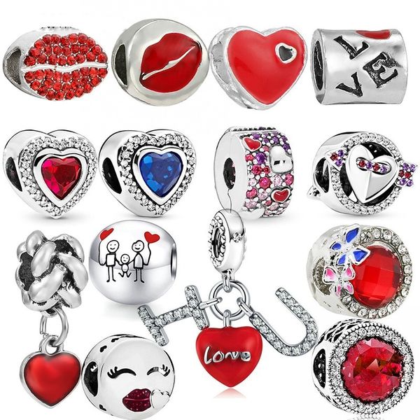 fit pandora charm bracelet red lipstick valentine's day love you double heart european silver bead charms beads diy snake chain for wom, Black