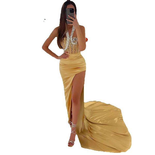 exquisite prom dresses high slit halter court train special occasion beading evening gowns vestidos, Black