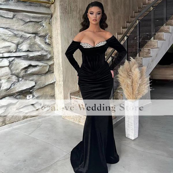 

abaya black evening dress 2023 off shoulder long sleeves velvet saudi arabic prom party gowns for women cocktail dresses custom size