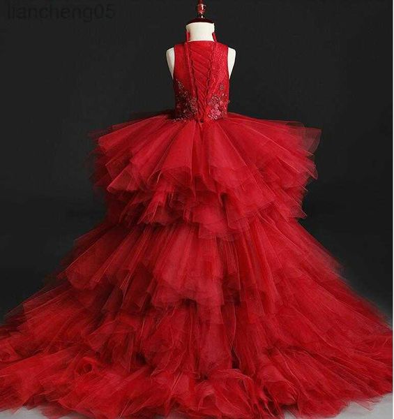 girl's dresses appliques tulle kids party evening gowns long trailing lace ball gown flower girl dresses for weddings first communion c, Red;yellow