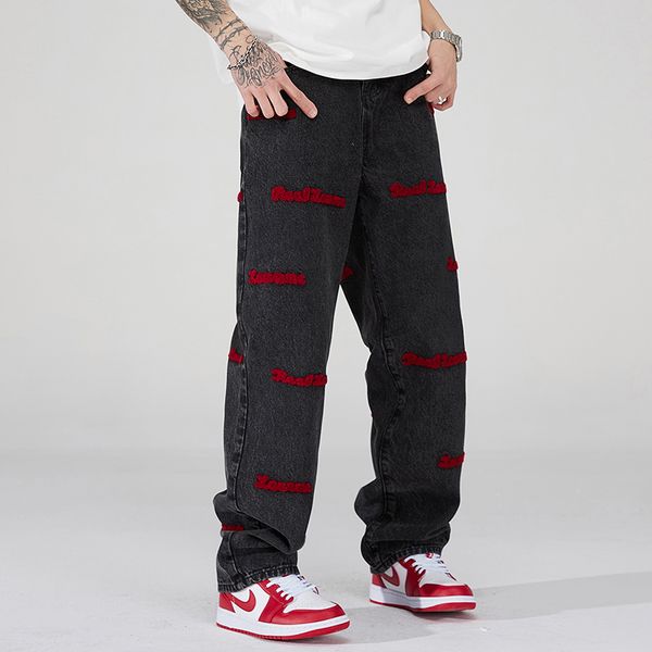 letter embroidery washed casual denim pants men and women straight streetwear baggy casual jeans cargos, Black;brown
letter embroidery washed casual denim pants men and women straight streetwear baggy casual jeans cargos, Black;brown
