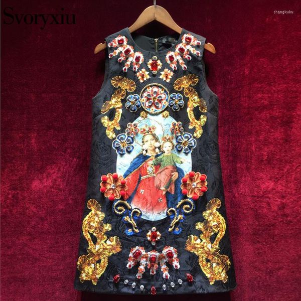 casual dresses svoryxiu vintage black mini dress women's sleeveless luxurious diamonds our lady print ladies party runway 2023, Black;gray
casual dresses svoryxiu vintage black mini dress women's sleeveless luxurious diamonds our lady print ladies party runway 2023, Black;gray