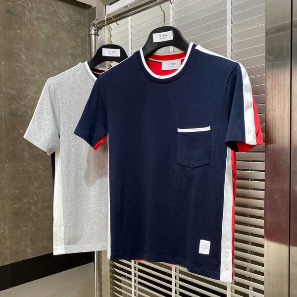 red white and blue color contrast summer trend tb thom round neck short sleeve men's t-shirt youth handsome fashion brand leisure, White;black
red white and blue color contrast summer trend tb thom round neck short sleeve men's t-shirt youth handsome fashion brand leisure, White;black