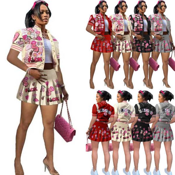 designer tracksuits for womens basaball two piece dress fashion printed bomber jacket pleated skirt sets, Gray
designer tracksuits for womens basaball two piece dress fashion printed bomber jacket pleated skirt sets, Gray