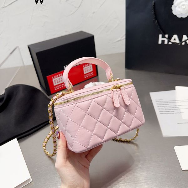 womens mini vanity box bags quilted bag pink with handle genuine leather gold metal hardware matelasse chain cosmetic case purse designer su
womens mini vanity box bags quilted bag pink with handle genuine leather gold metal hardware matelasse chain cosmetic case purse designer su