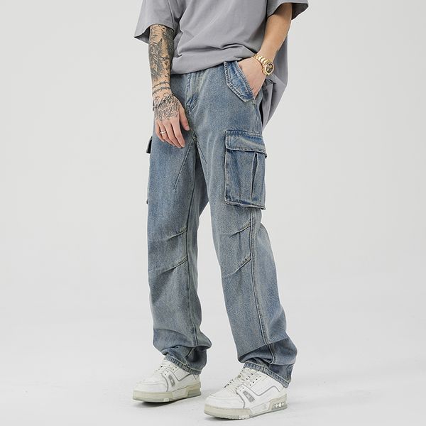 side pockets washed blue jeans men's plus size pants straight wide leg baggy casual cargos denim trousers, Black;brown
side pockets washed blue jeans men's plus size pants straight wide leg baggy casual cargos denim trousers, Black;brown