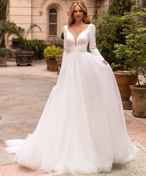 elegant wedding dress 2023 a-line v neck long sleeves bridal gowns sweep train satin tulle plus size vestidos de novia, White
elegant wedding dress 2023 a-line v neck long sleeves bridal gowns sweep train satin tulle plus size vestidos de novia, White