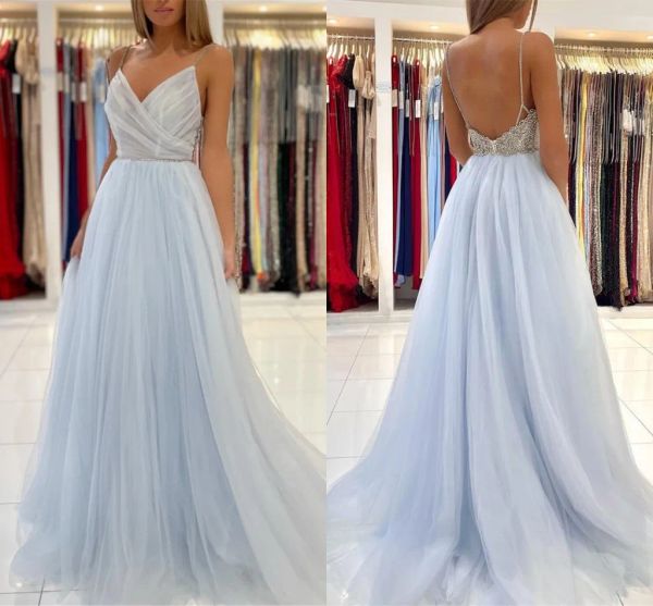 2023 light sky blue prom dresses beaded spaghetti straps a line tulle pleats backless sweep train custom made evening gown formal occasion w, Black
2023 light sky blue prom dresses beaded spaghetti straps a line tulle pleats backless sweep train custom made evening gown formal occasion w, Black