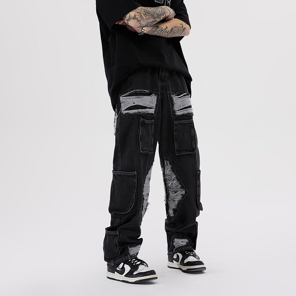 ripped hole patchwork streetwear loose men's jeans pants wide leg casual cargos denim trousers, Black;brown
ripped hole patchwork streetwear loose men's jeans pants wide leg casual cargos denim trousers, Black;brown
