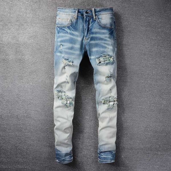 jeans mens am1r1 trousers pants mirri ripped fashion designer brand high street new style color men's plaid patch slim hip hop leisure, Blue 
jeans mens am1r1 trousers pants mirri ripped fashion designer brand high street new style color men's plaid patch slim hip hop leisure, Blue