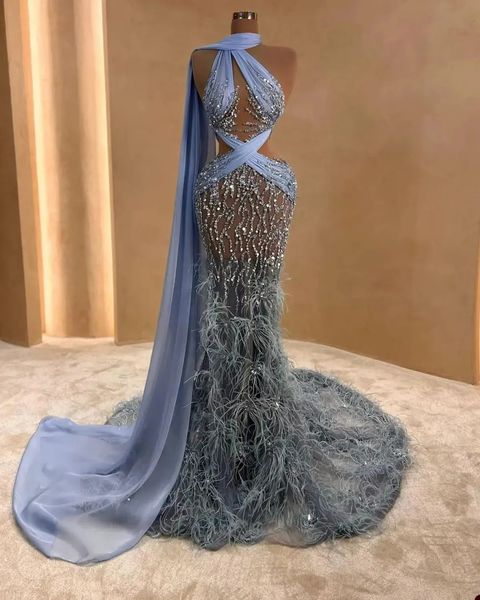 mermaid prom dresses sleeveless v neck halter appliques sequins floor length beaded hollow diamonds feather train evening dress bridal gowns, Black
mermaid prom dresses sleeveless v neck halter appliques sequins floor length beaded hollow diamonds feather train evening dress bridal gowns, Black