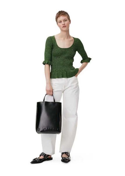 ganni women designer sweater coats green neck ruffle sleeves slim fit rib shirt top, White
ganni women designer sweater coats green neck ruffle sleeves slim fit rib shirt top, White