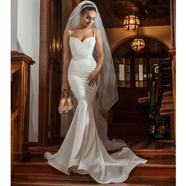 new arrival mermaid satin wedding dress spaghetti straps sweetheart princess beach bridal gown, White
new arrival mermaid satin wedding dress spaghetti straps sweetheart princess beach bridal gown, White