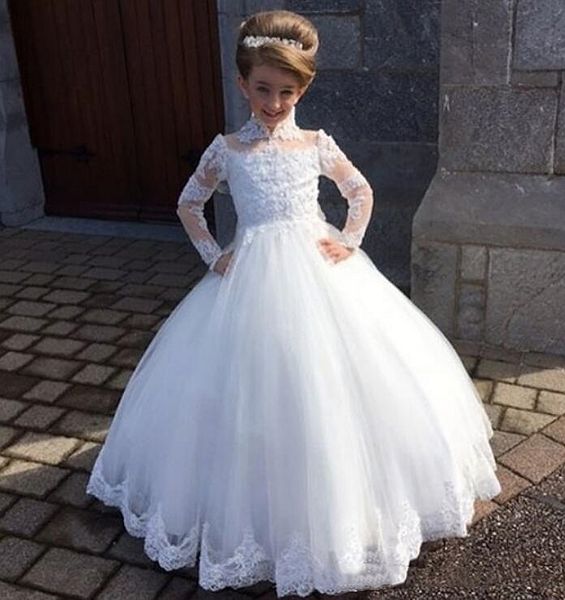 long sleeves ball gown flower girls dresses lace applique floor length wedding party gowns high neck toddler kids tulle formal dress, White;blue
long sleeves ball gown flower girls dresses lace applique floor length wedding party gowns high neck toddler kids tulle formal dress, White;blue