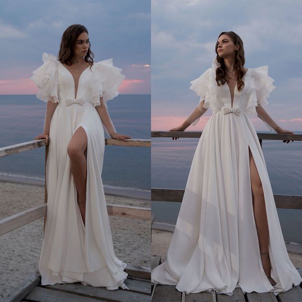 bride gowns soft chiffon wedding dresses with deep v-neck new bow side high split bridal gown custom made brush train robes de mariee, White
bride gowns soft chiffon wedding dresses with deep v-neck new bow side high split bridal gown custom made brush train robes de mariee, White