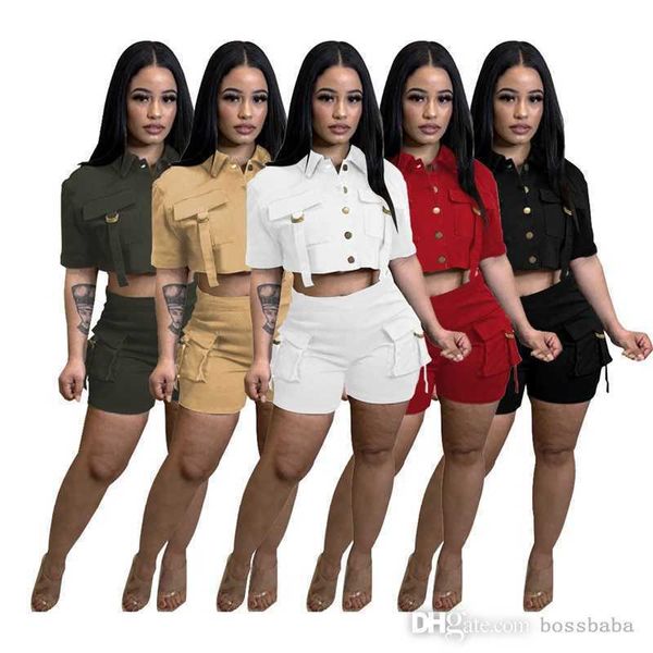 women tracksuits designer summer button multi pocket two piece set elastic short sleeved and shorts outfits 5 colours, Gray
women tracksuits designer summer button multi pocket two piece set elastic short sleeved and shorts outfits 5 colours, Gray