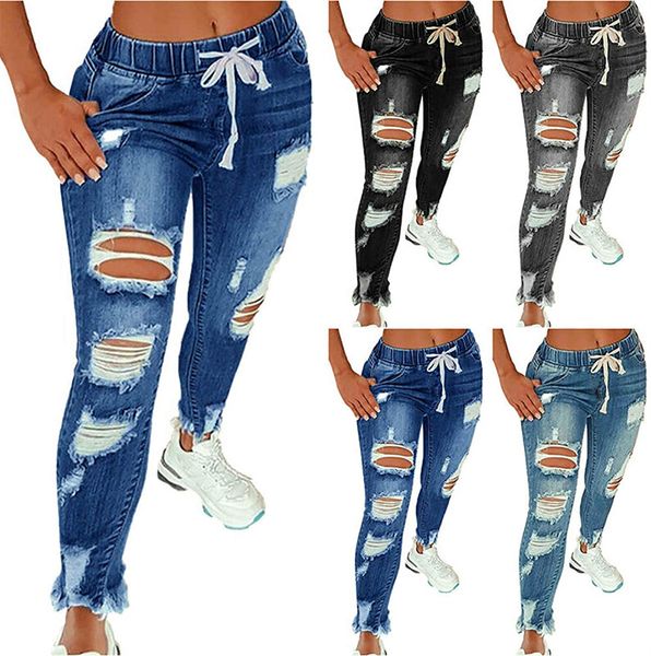 women jeans drawstring high waist stretch ripped hole jeans fashion denim full length pencil pants skinny jean trousers, Blue
women jeans drawstring high waist stretch ripped hole jeans fashion denim full length pencil pants skinny jean trousers, Blue