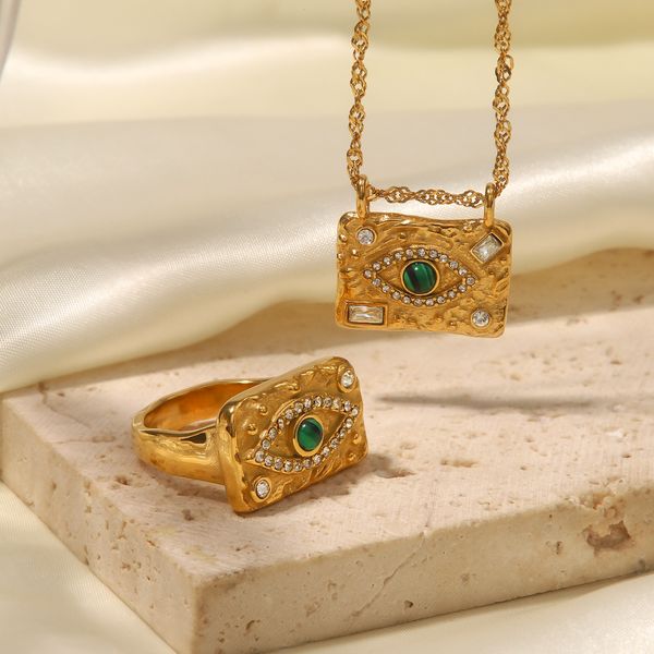 women 18k gold-plated jewelry sets green malachite devil's eye square ring with zircon crystal stainless ring necklace jewels set, Silver
women 18k gold-plated jewelry sets green malachite devil's eye square ring with zircon crystal stainless ring necklace jewels set, Silver