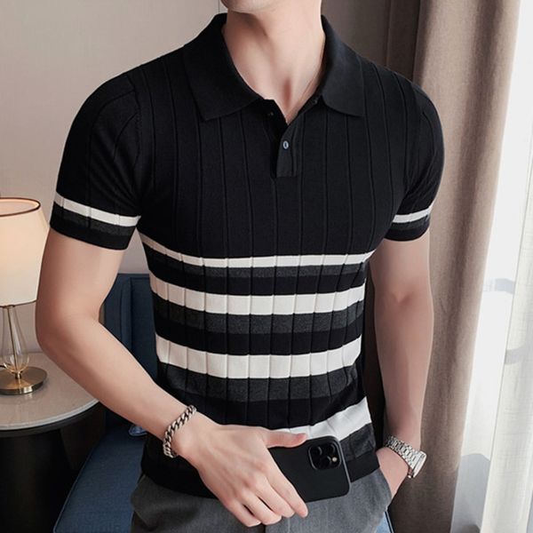 men's polos summer striped knitted polo shirt men short sleeve lapel tee casual slim fit business social polos streetwear 230316, White;black
men's polos summer striped knitted polo shirt men short sleeve lapel tee casual slim fit business social polos streetwear 230316, White;black
