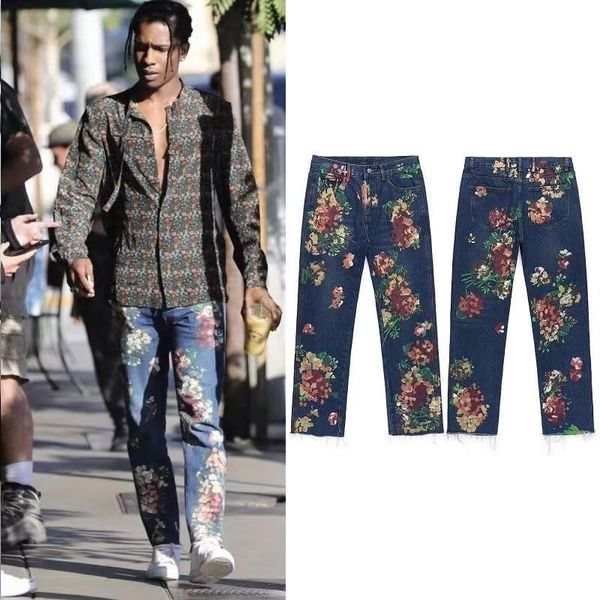men's jeans european & american streetwear hand-painted jeans fashion fog hand-painted floral straight leg raw hem jean, Blue
men's jeans european & american streetwear hand-painted jeans fashion fog hand-painted floral straight leg raw hem jean, Blue
