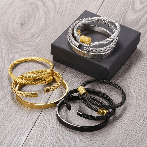 3pcs/set mens solid gold bracelets gold silver color stainless steel braided bracelet, roman numeral dark punk heavy metal bracelet for men, Black
3pcs/set mens solid gold bracelets gold silver color stainless steel braided bracelet, roman numeral dark punk heavy metal bracelet for men, Black