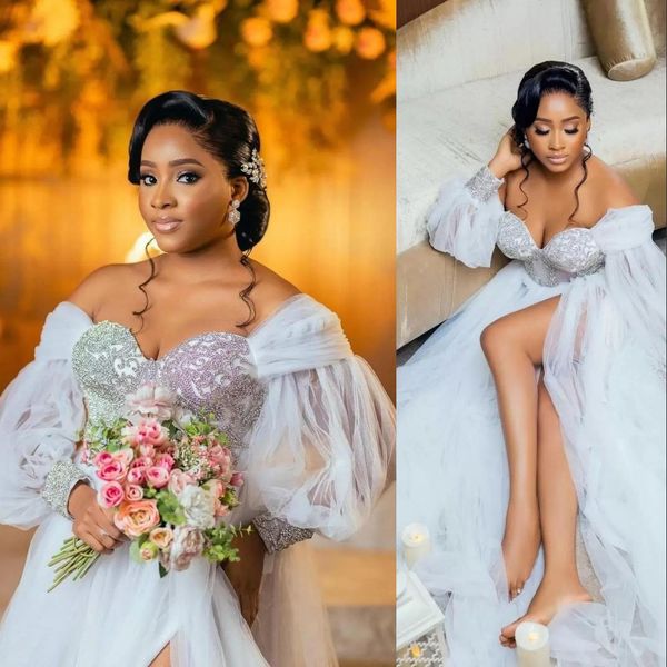 2023 a line wedding dresses bridal gown boho tulle sweep train beaded crystal beading custom side slit off shoulder long sleeves beach vesti, White
2023 a line wedding dresses bridal gown boho tulle sweep train beaded crystal beading custom side slit off shoulder long sleeves beach vesti, White