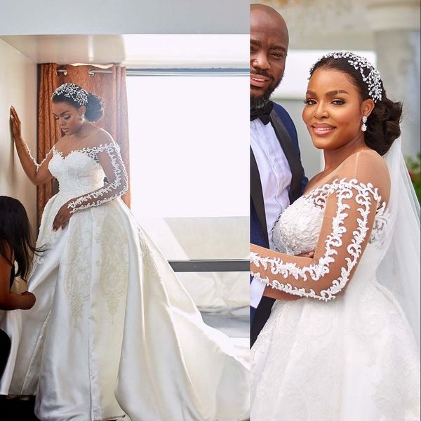 2023 luxury wedding dresses a line bridal gowns jewel neck illusion lace appliqued long sleeves overskirts cathedral train custom robe de ma, White
2023 luxury wedding dresses a line bridal gowns jewel neck illusion lace appliqued long sleeves overskirts cathedral train custom robe de ma, White