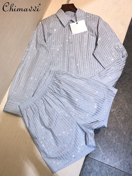 womens two piece pants fashion design drilling striped suit spring autumn casual loose long sleeve shirts wide leg shorts temperament 2pcs 2, White
womens two piece pants fashion design drilling striped suit spring autumn casual loose long sleeve shirts wide leg shorts temperament 2pcs 2, White