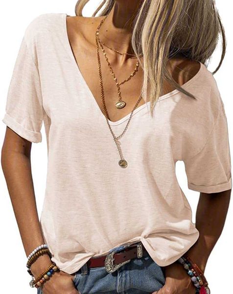 women blank shirts fashion deep v-neck short sleeve solid casual loose basic t-shirtgcl6, White
women blank shirts fashion deep v-neck short sleeve solid casual loose basic t-shirtgcl6, White