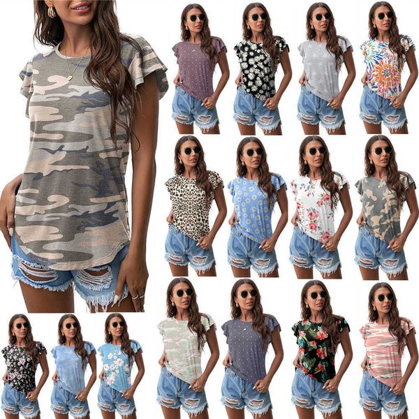 2022 new women's round neck printed lotus leaf short sleeve t-shirt, White
2022 new women's round neck printed lotus leaf short sleeve t-shirt, White