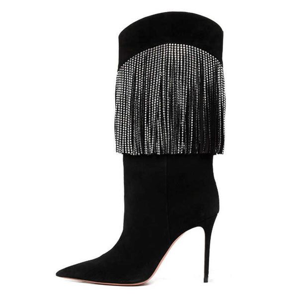 fahsion long rhinestone tassel mid boots stiletto high heels pointed toe suede runway boots women slip on fringed botas 0316, Black
fahsion long rhinestone tassel mid boots stiletto high heels pointed toe suede runway boots women slip on fringed botas 0316, Black