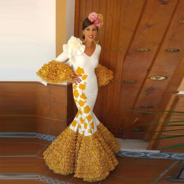 white and gold prom dresses saudi arabia trumpet long sleeves ruffles skirt trajes de flamenca evening occasion gown, Black
white and gold prom dresses saudi arabia trumpet long sleeves ruffles skirt trajes de flamenca evening occasion gown, Black