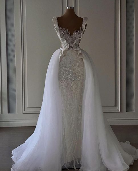 luxury mermaid wedding dresses sleeveless v neck straps appliques sequins beaded pearls detachable train floor length lace bridal gowns cust, White
luxury mermaid wedding dresses sleeveless v neck straps appliques sequins beaded pearls detachable train floor length lace bridal gowns cust, White