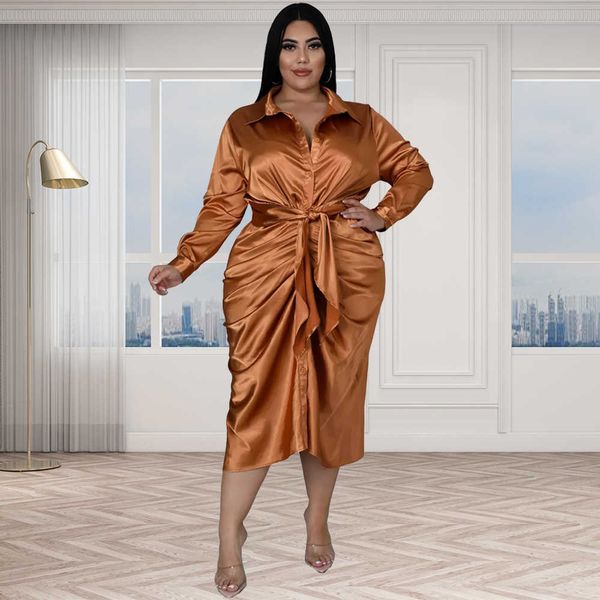 plus size dresses trendy women clothing reflective silk pleated tie turn down collar elegant shirt party midi dress evening wholesale 230307, Black 
plus size dresses trendy women clothing reflective silk pleated tie turn down collar elegant shirt party midi dress evening wholesale 230307, Black