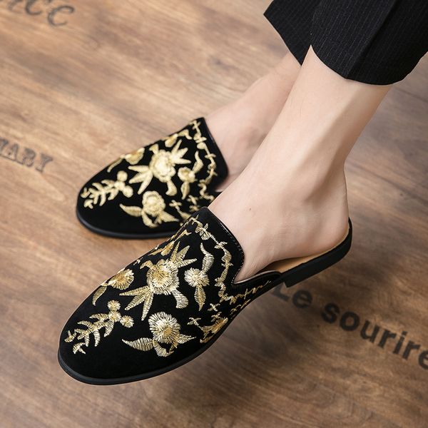 men golden hand-embroidered canvas casual shoes mules with crystal embellishments men flat slipper zapatos hombre, Black
men golden hand-embroidered canvas casual shoes mules with crystal embellishments men flat slipper zapatos hombre, Black