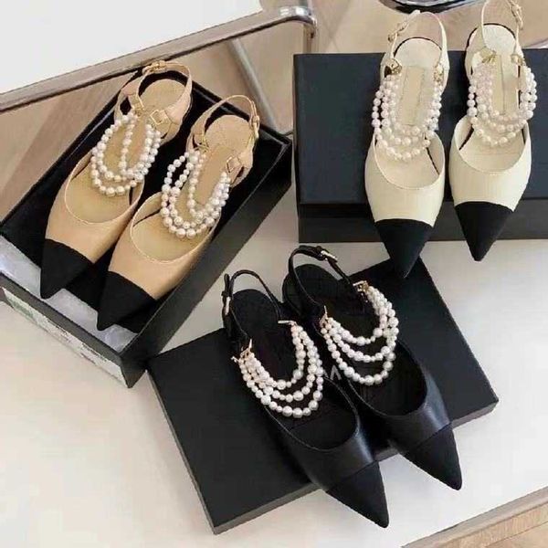 designer sandals channel slides shoes high version of small fragrant wind pointed shallow pearl sandals women's bag head flat heel fren, Black