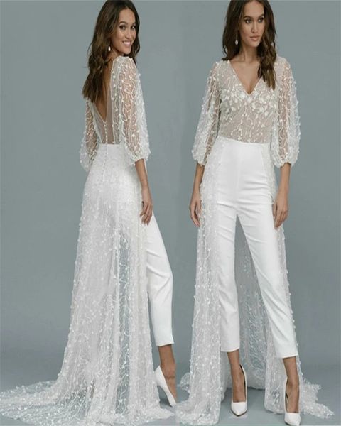 luxury jumpsuit boho wedding dress with train elegant overskirt v neck garden bohemian bridal dresses with sleeve floral bride vestidos de n, White
luxury jumpsuit boho wedding dress with train elegant overskirt v neck garden bohemian bridal dresses with sleeve floral bride vestidos de n, White