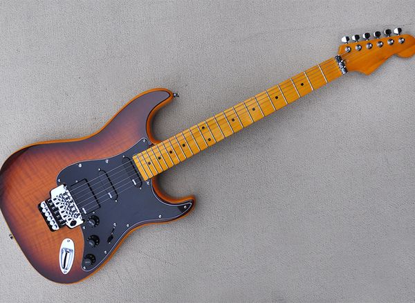 6 strings brown electric guitar with emg pickups flame maple veneer floyd rose can be customized as request
6 strings brown electric guitar with emg pickups flame maple veneer floyd rose can be customized as request