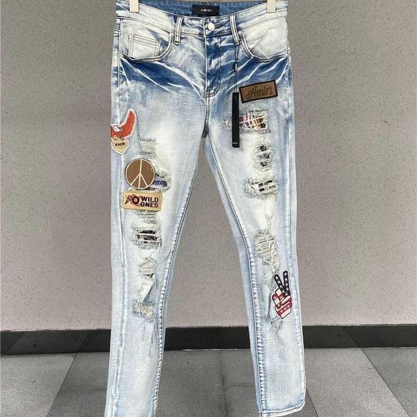 jeans mens am1r1 trousers pants mirri ripped fashion designer brand new men's white embroidery patch elastic slim denim hip hop high ti, Blue
jeans mens am1r1 trousers pants mirri ripped fashion designer brand new men's white embroidery patch elastic slim denim hip hop high ti, Blue