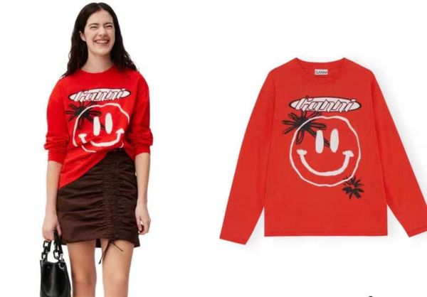 ganni 2023ss women designer t shirt fashion smiling red long-sleeved print tees female, White
ganni 2023ss women designer t shirt fashion smiling red long-sleeved print tees female, White
